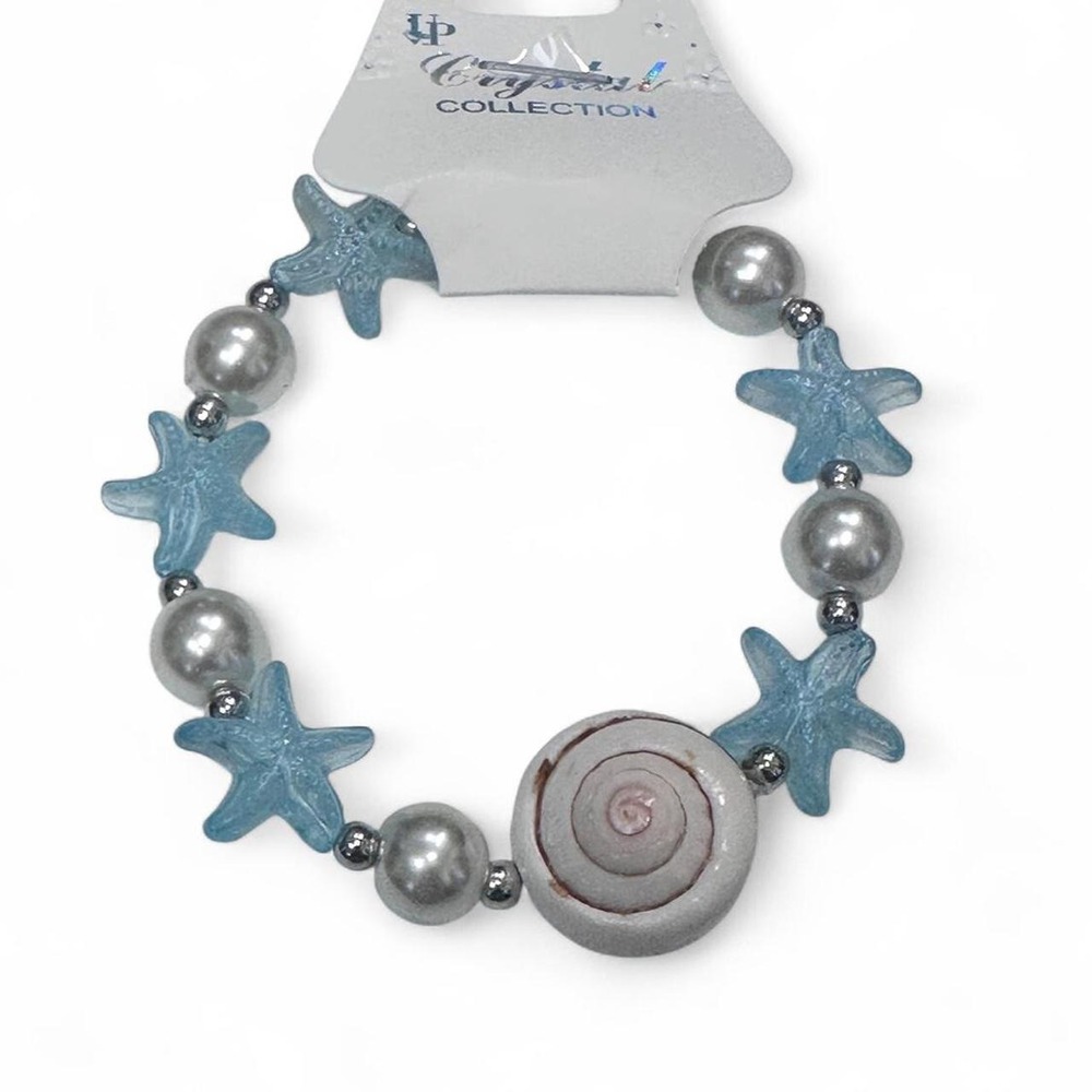 NWT Beach Vibe Bracelet Blue Sparkle Starfish & Shell with Pearls & Silver Beads